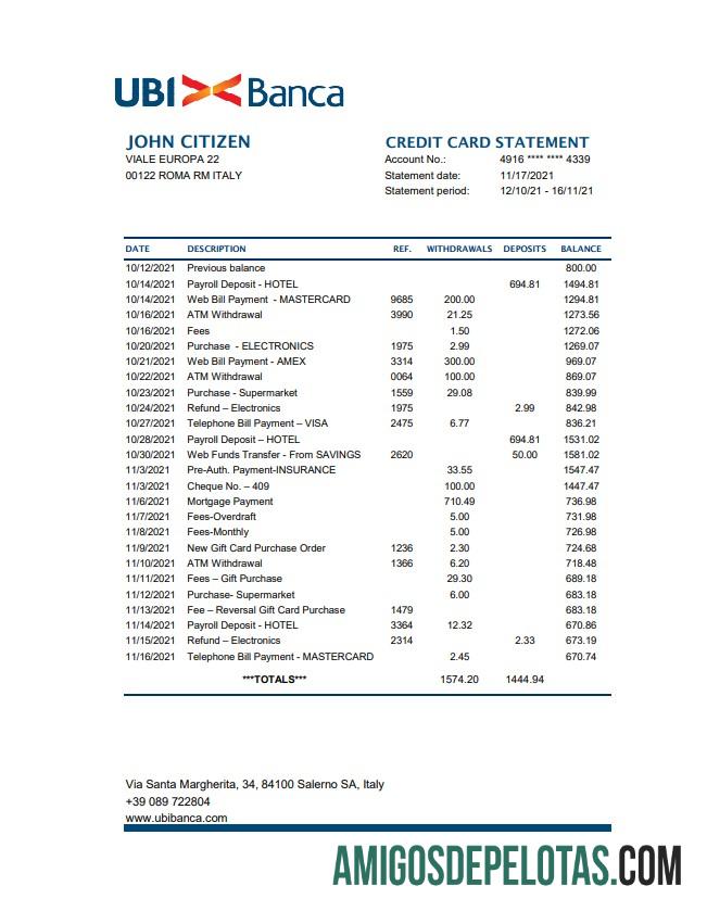 em branco Itália UBI BANCA Extrato bancário modelo fácil de preencher em formato Excel e PDF